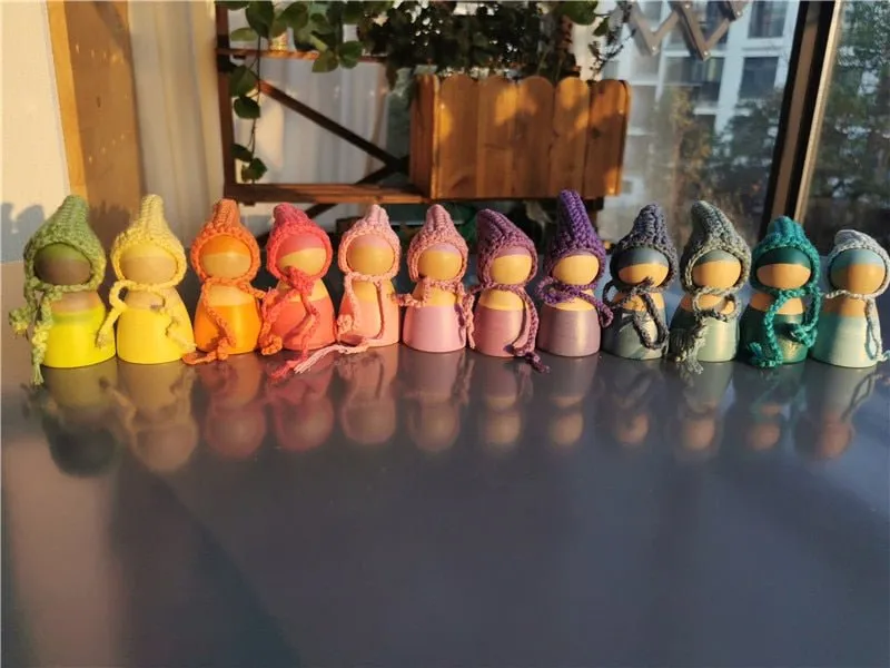 Montessori Crochet Wooden Rainbow Peg Dolls Set with Boards and Hats